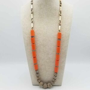 J Crew Long Chunky Orange Resin Bead Necklace with Crystal Pave Beads